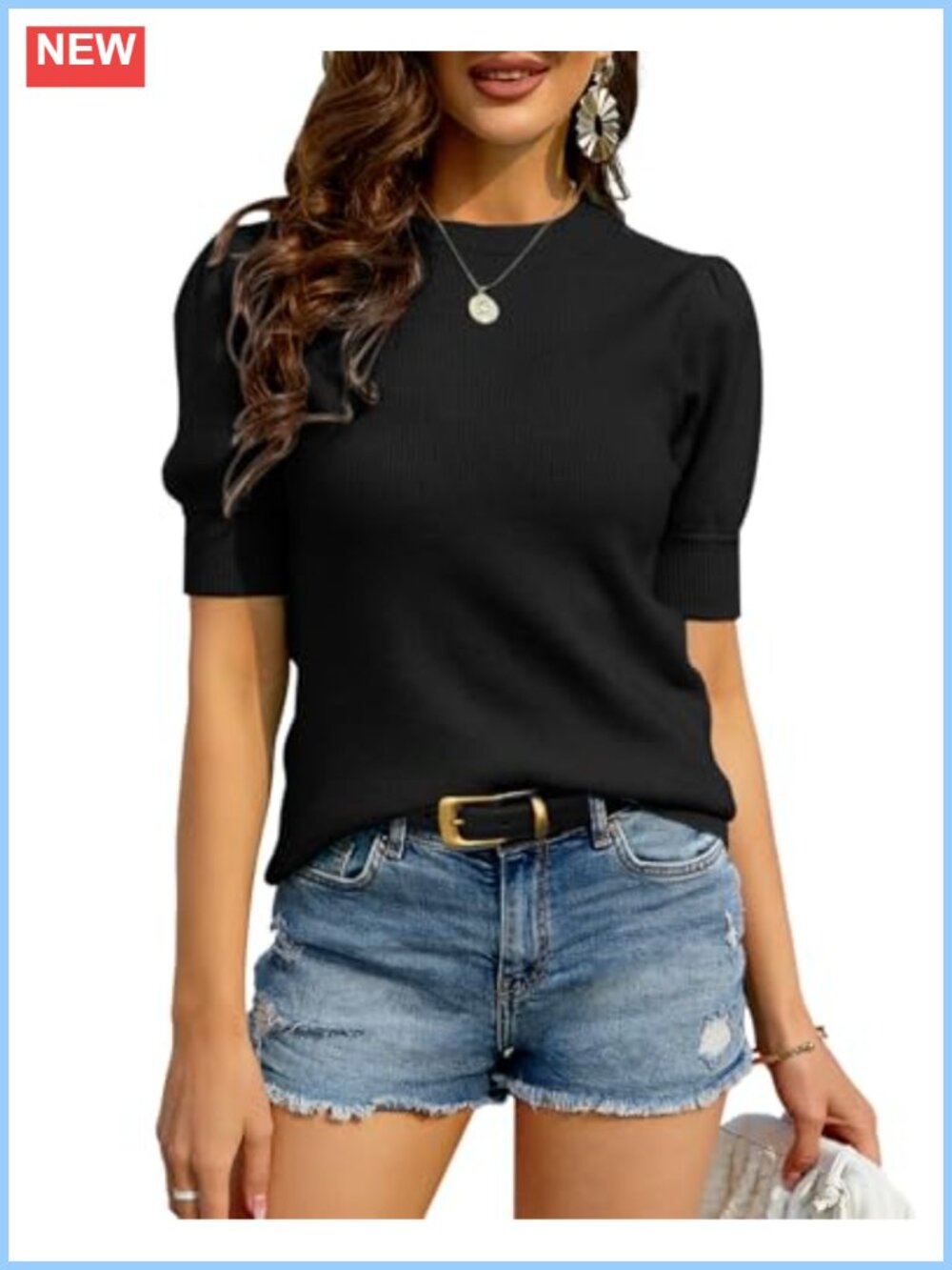 Puff Short Sleeve Ribbed Knit Pullover Sweater Top